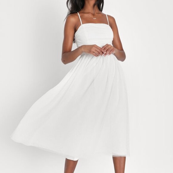 Lulus Darling Sweetheart White Swiss Dot Ruched Midi Dress - Size S - Picture 1 of 5
